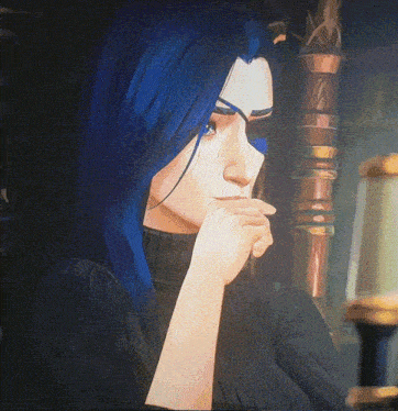 a woman with blue hair and a black turtleneck is sitting with her hand on her chin