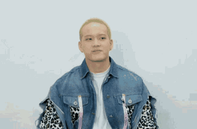 a man wearing a denim jacket with a leopard print on the sleeves is making a funny face