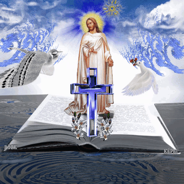 a painting of jesus with a cross and a bible