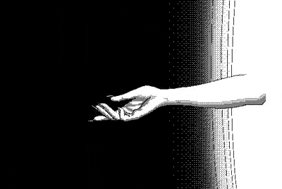 a black and white pixel art drawing of a hand reaching out towards a wall .
