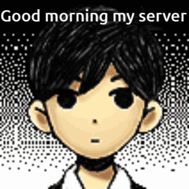 a pixel art drawing of a boy with the words `` good morning my server '' .