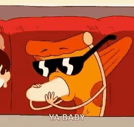 a cartoon character is wearing sunglasses and holding a hot dog .