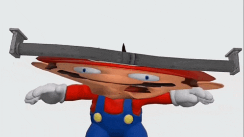 a cartoon character , mario , is holding a pipe over his head .