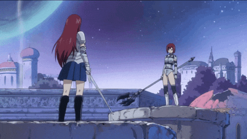 a girl with red hair is holding a sword while standing next to another girl