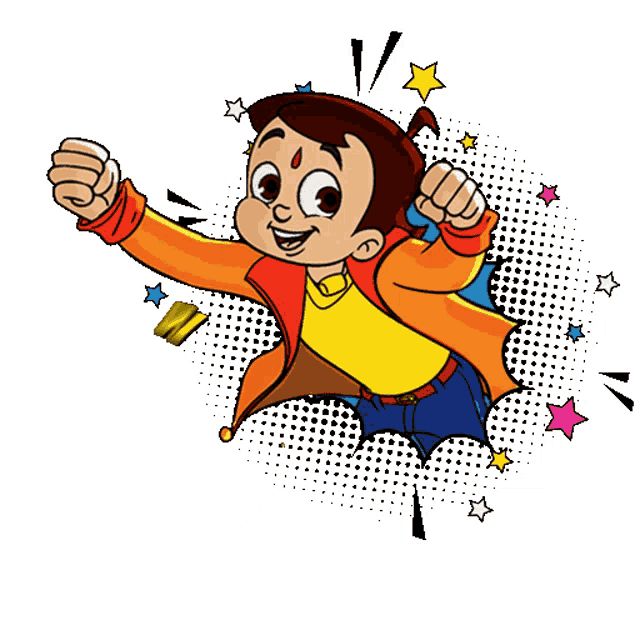 a cartoon boy is flying in the air with the word wow behind him