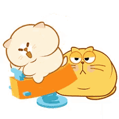 a cartoon cat is sitting on top of a seesaw next to another cat .