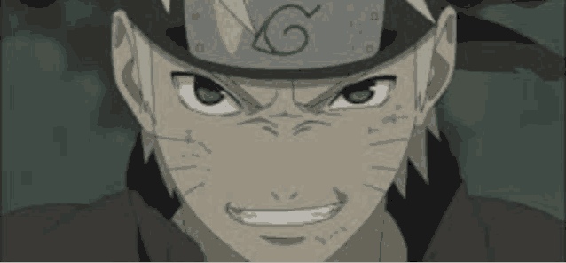 a close up of a naruto character wearing a headband with a g on it .