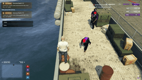 a screenshot of a video game shows a man in a purple shirt talking to another man