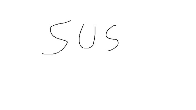 the word sus is written in black marker on a white background .