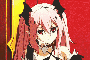 a girl with pink hair and red eyes is sitting on a chair