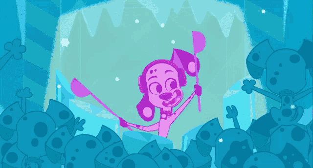 a cartoon dalmatian is holding a drum stick in front of a crowd of dalmatian heads