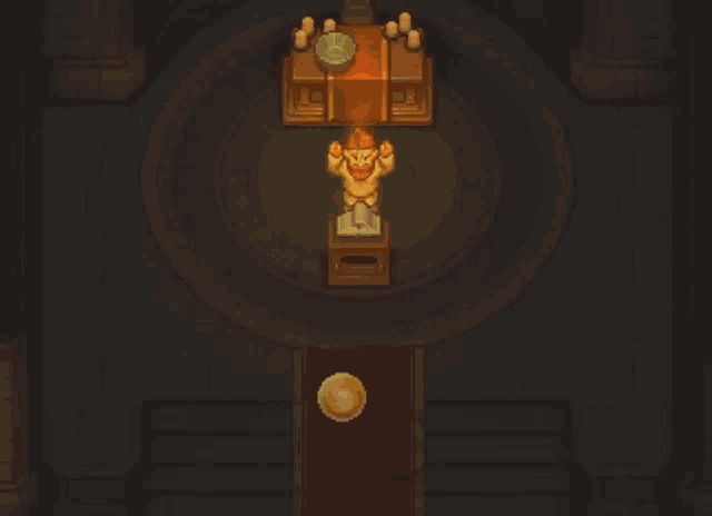 a video game scene with a statue of a man holding a book