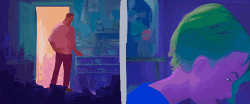 a man and a child are standing in an open doorway in a room