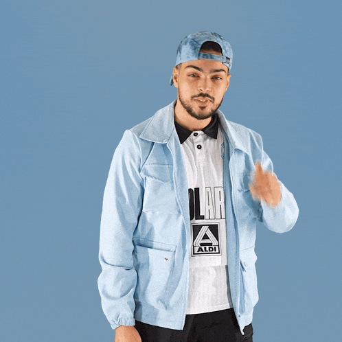 a man wearing a blue hat and a light blue jacket has an aldi shirt on