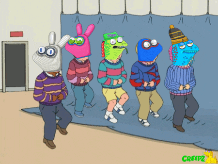 a group of cartoon characters are standing in front of a blue curtain with creep2 written on the bottom