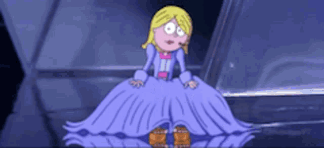 a cartoon girl in a purple dress is sitting on a table