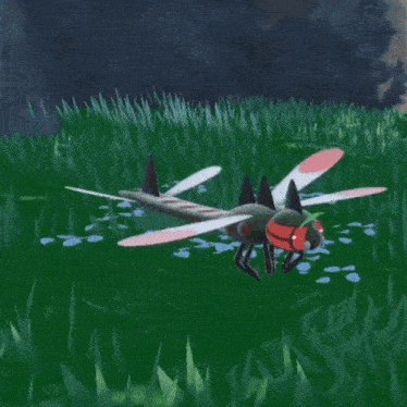 a dragonfly is flying over a field of grass