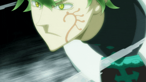 a cartoon character with green hair has a tattoo on his face
