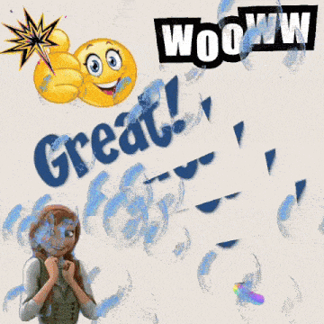 a cartoon drawing of a girl with a smiley face and the words great and wooww
