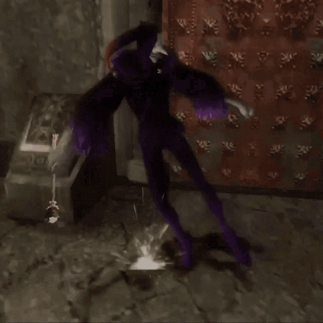 a purple clown is dancing in a room