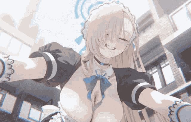 a maid is taking a selfie with her arms outstretched in front of a building