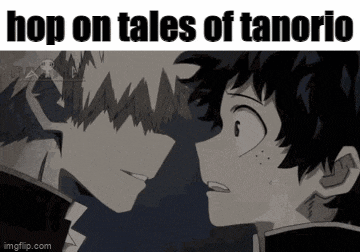 a picture of two anime characters looking at each other with the words hop on tales of tanorio written above them .