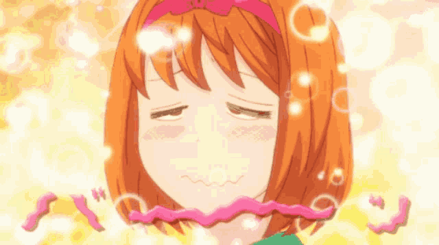 a girl with orange hair and a pink headband making a face