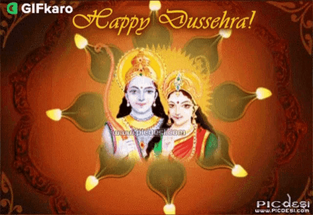 a happy dussehra greeting card with a picture of a man and woman
