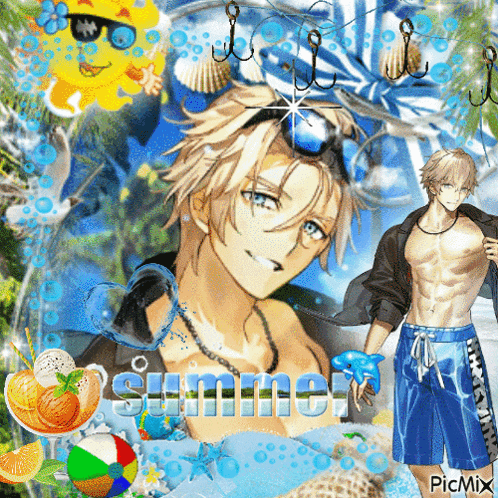 a picture of a man on a beach with the word summer on the bottom