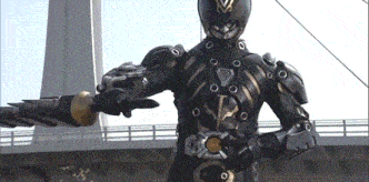 a man in a black and gold superhero costume is holding a sword in his hand .