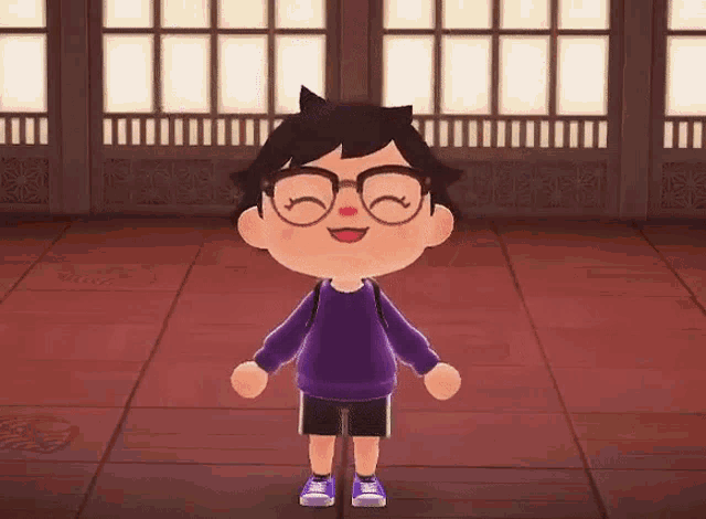 a cartoon character wearing a purple sweater and glasses