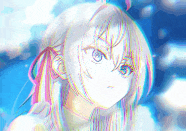 a drawing of a girl with white hair and a blue background