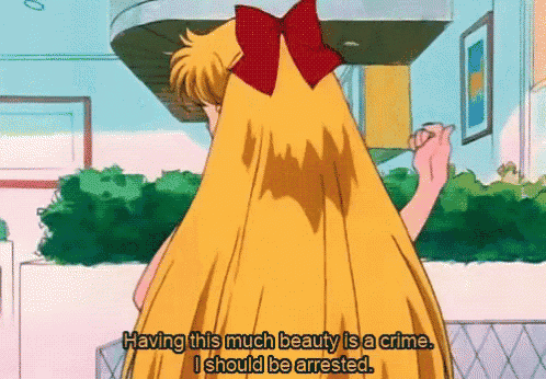 a girl with a red bow in her hair is saying having this much beauty is a crime i should be arrested