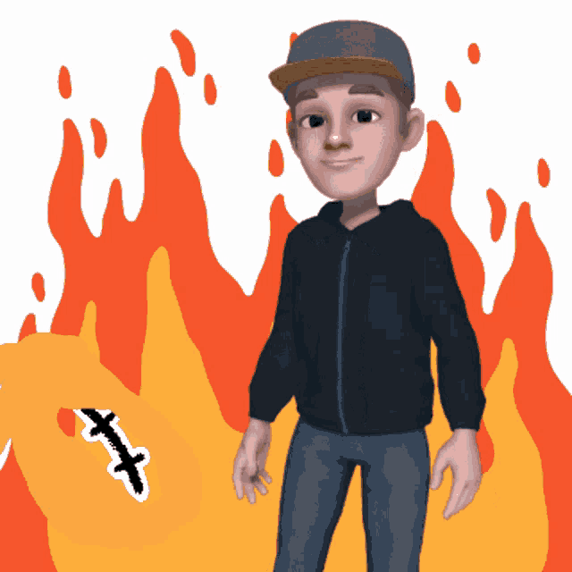 a cartoon character is standing in front of flames