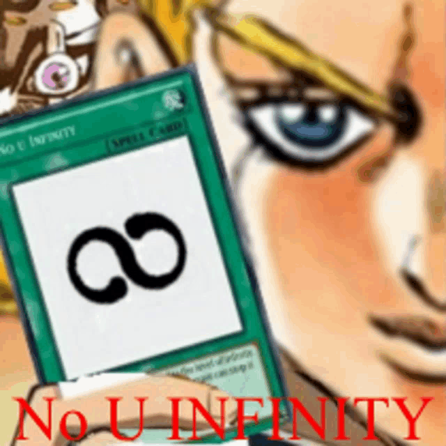 a cartoon character is holding a card that says " no u infinity "