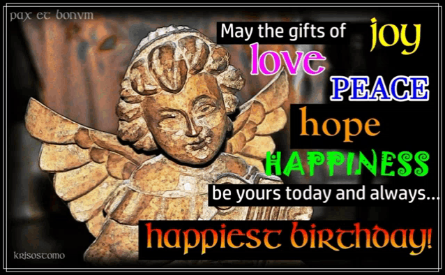 a birthday card with a statue of an angel and the words may the gifts of joy love peace hope happiness be yours today and always