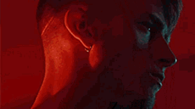 a close up of a woman 's face with red hair and a blue nose .