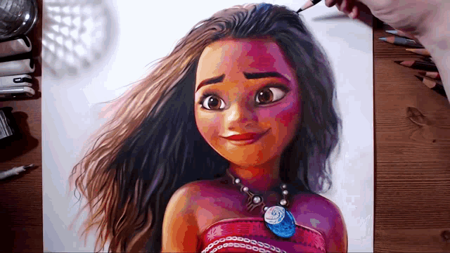 a drawing of a girl with a blue necklace