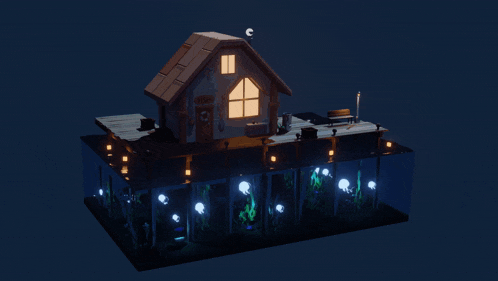 a model of a house on a dock with a smoke coming out of the chimney