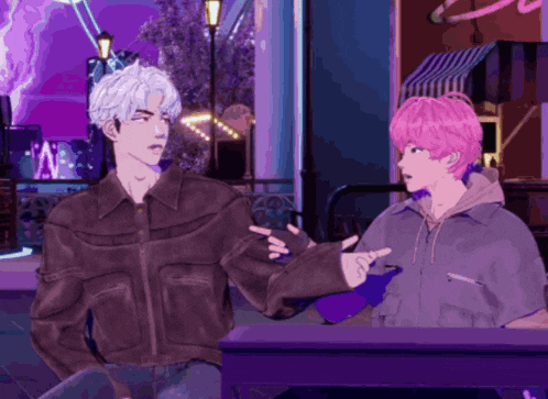 two anime characters are sitting at a table and one of them has the letter w on his shirt