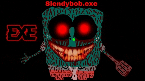 a drawing of a spongebob with red eyes and the words slendybob.exe on the bottom