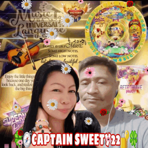 a man and a woman with flowers on their faces and the words captain sweet 22