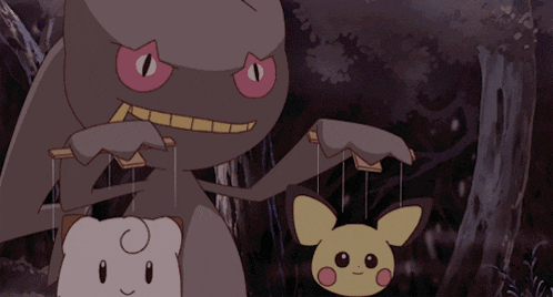 a cartoon drawing of a monster holding a puppet of a small animal