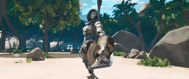 a woman holding a ram 's head and a sword in a video game
