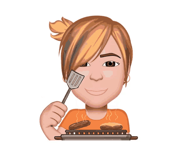a cartoon woman is holding a spatula over a grill with two hamburgers on it
