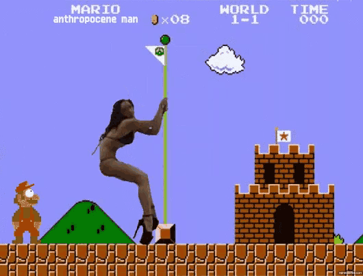 a video game with mario and anthropocene man on the screen