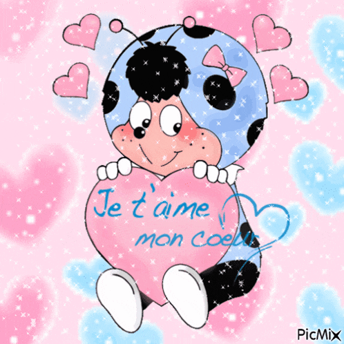 a ladybug is holding a pink heart that says je t'aime mon coell