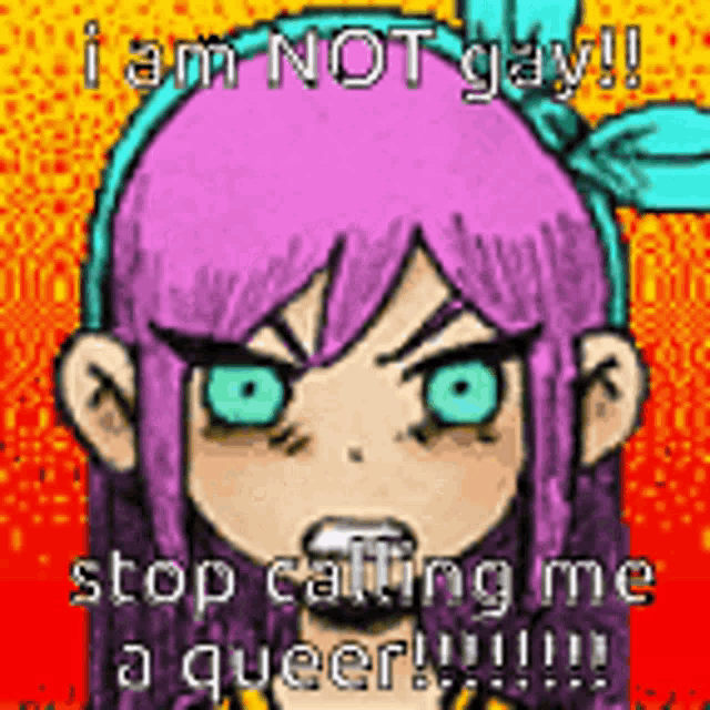 a cartoon of a girl with purple hair and green eyes is angry and says `` i am not gay ! ''