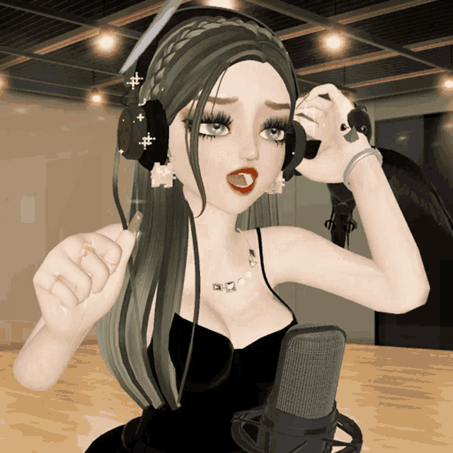 a cartoon girl wearing headphones and a black dress stands in front of a microphone