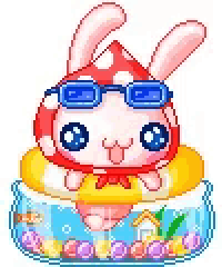 a pixel art of a bunny wearing goggles and a swimming ring in a fish tank .